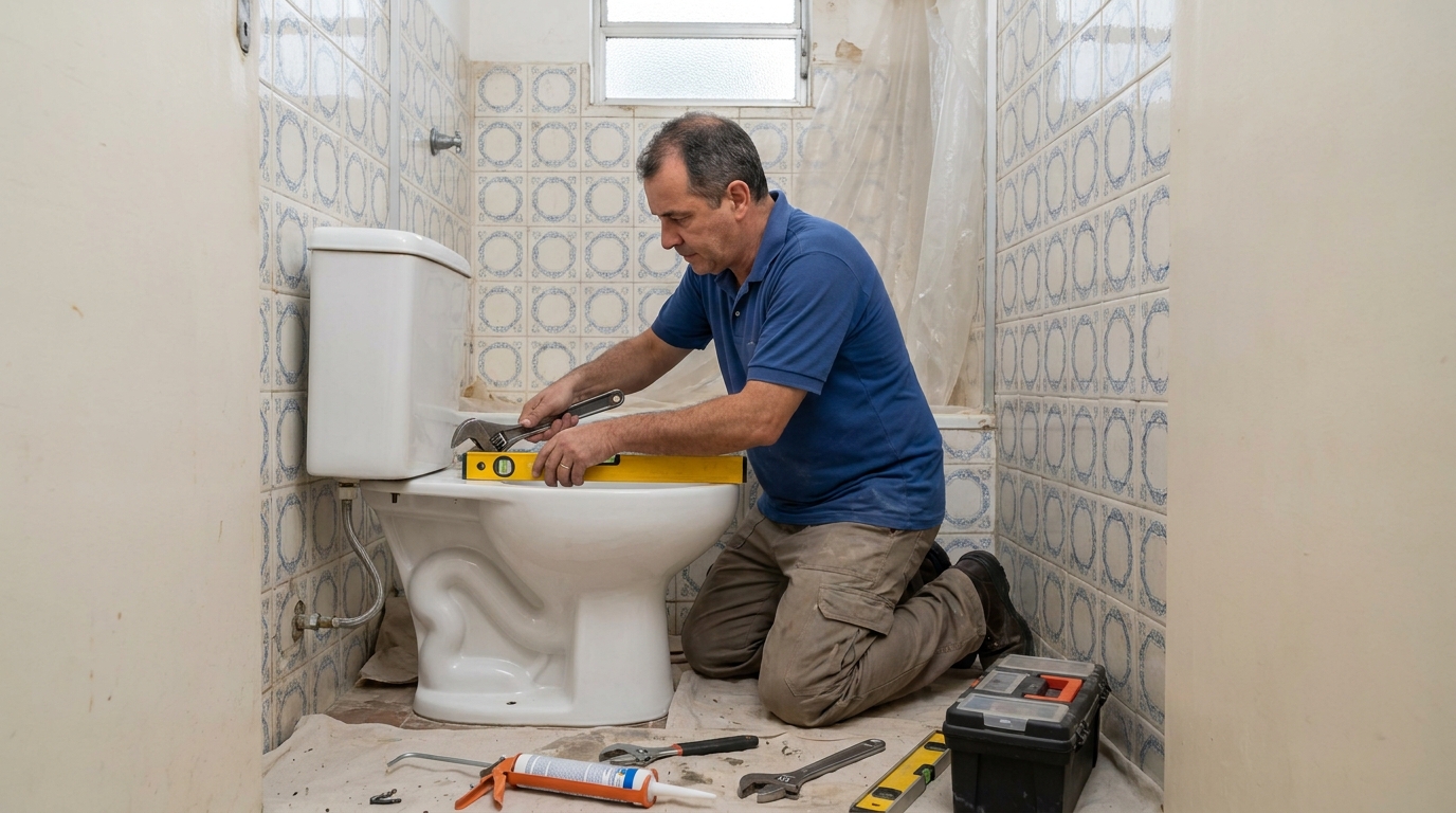 Técnico instalando vaso sanitário em Passo Fundo‑RS